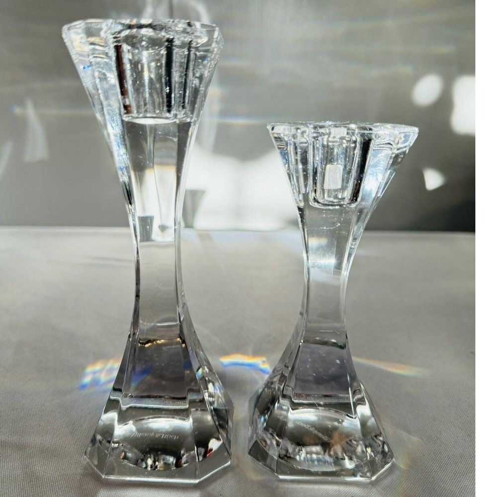 Villeroy & Boch Crystal Glass Candlestick Holders Set of 2 Faceted Clear Taper